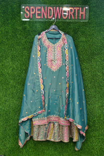 Multi Embroidered Sharara Suit In Chinnon Silk
