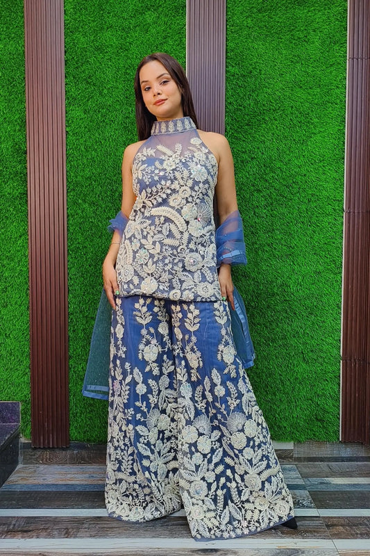 Halter Neck Embroidered Sharara Suit In Pastels