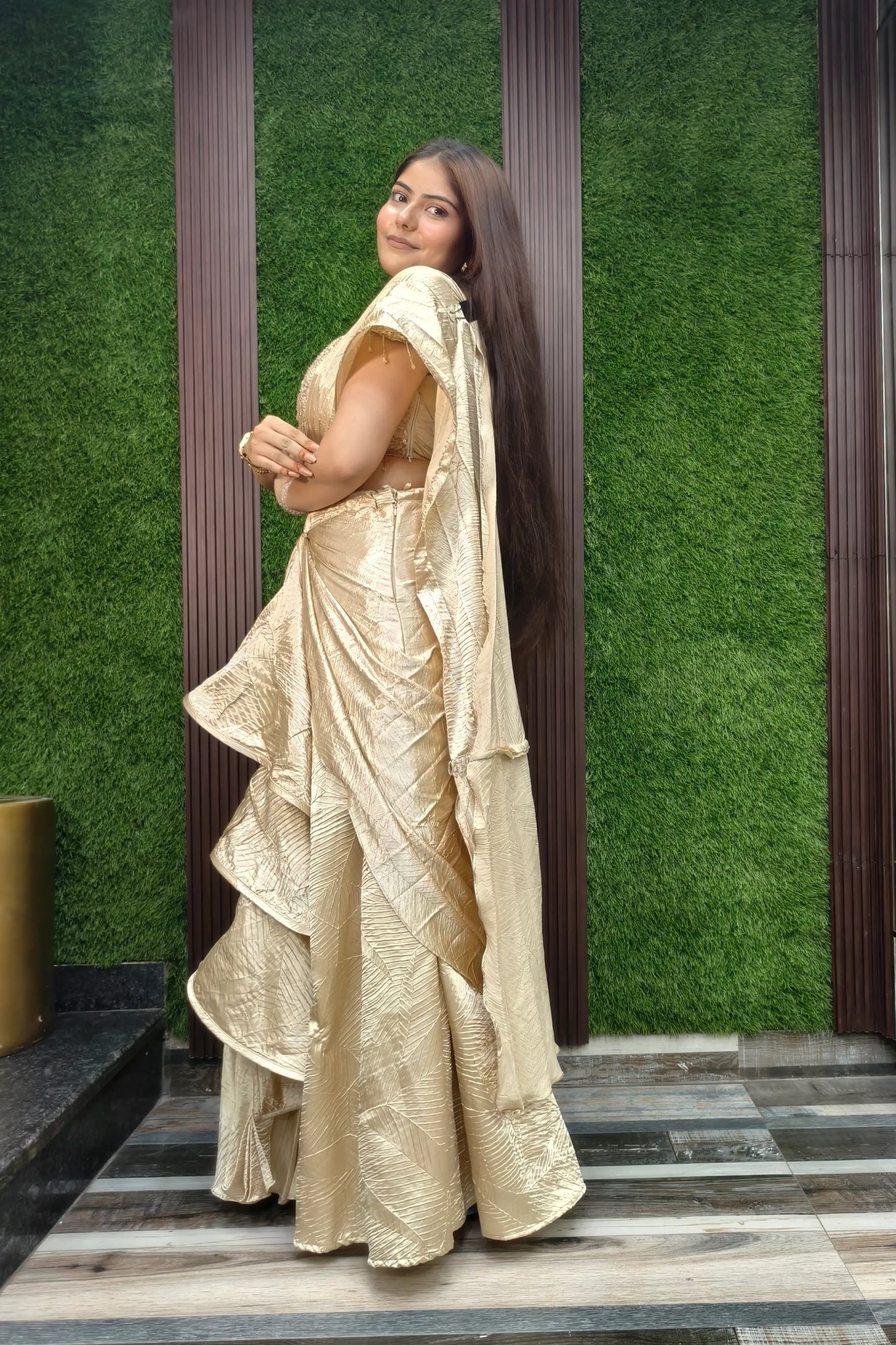 Designer Ruffle Dress In Golden With Spaghetti Hand Work Blouse