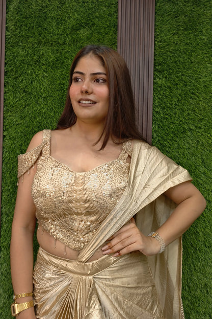 Designer Ruffle Dress In Golden With Spaghetti Hand Work Blouse