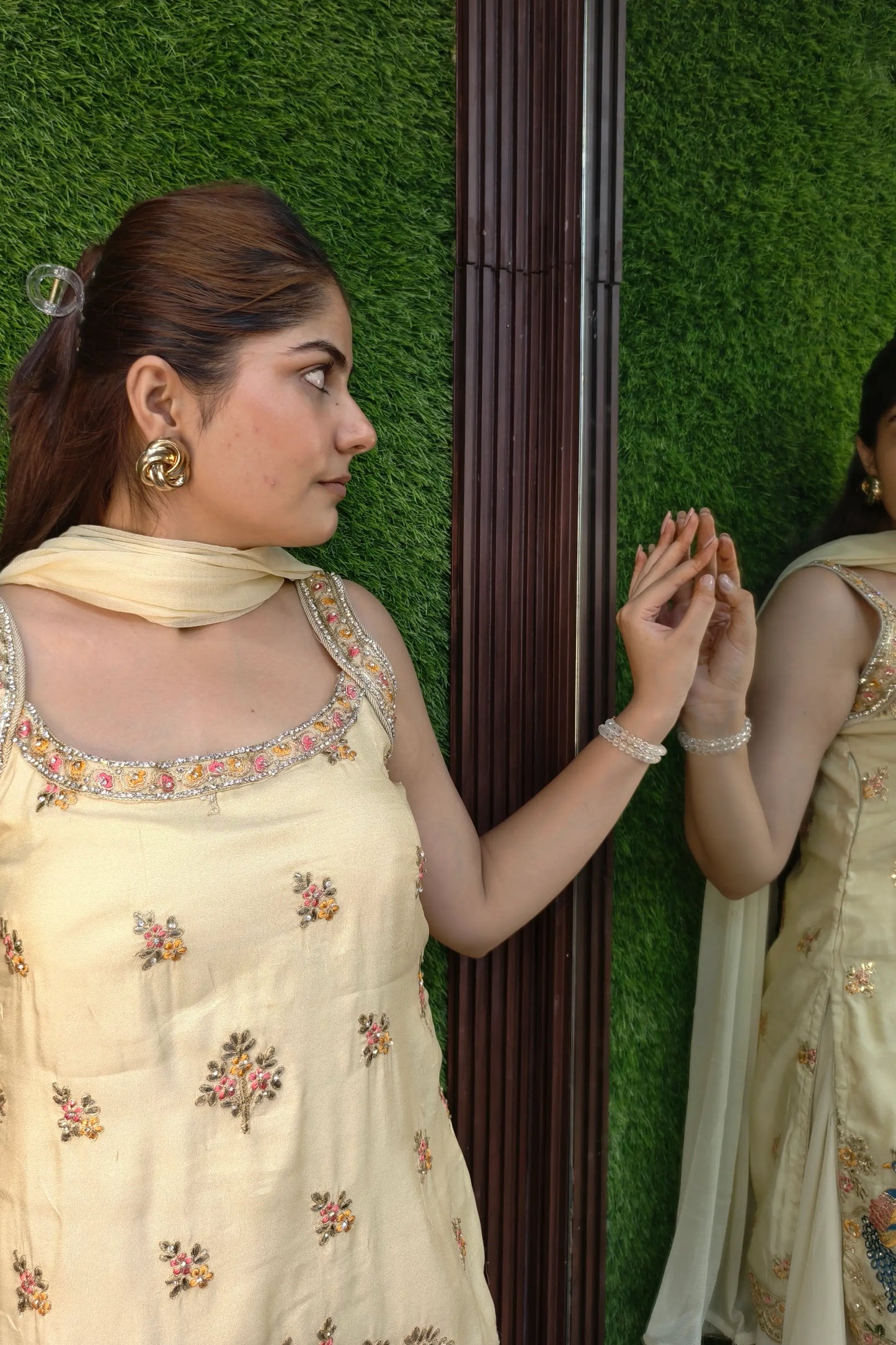 Pure Chinnon Silk Embroidered Sharara Suit In Light Gold