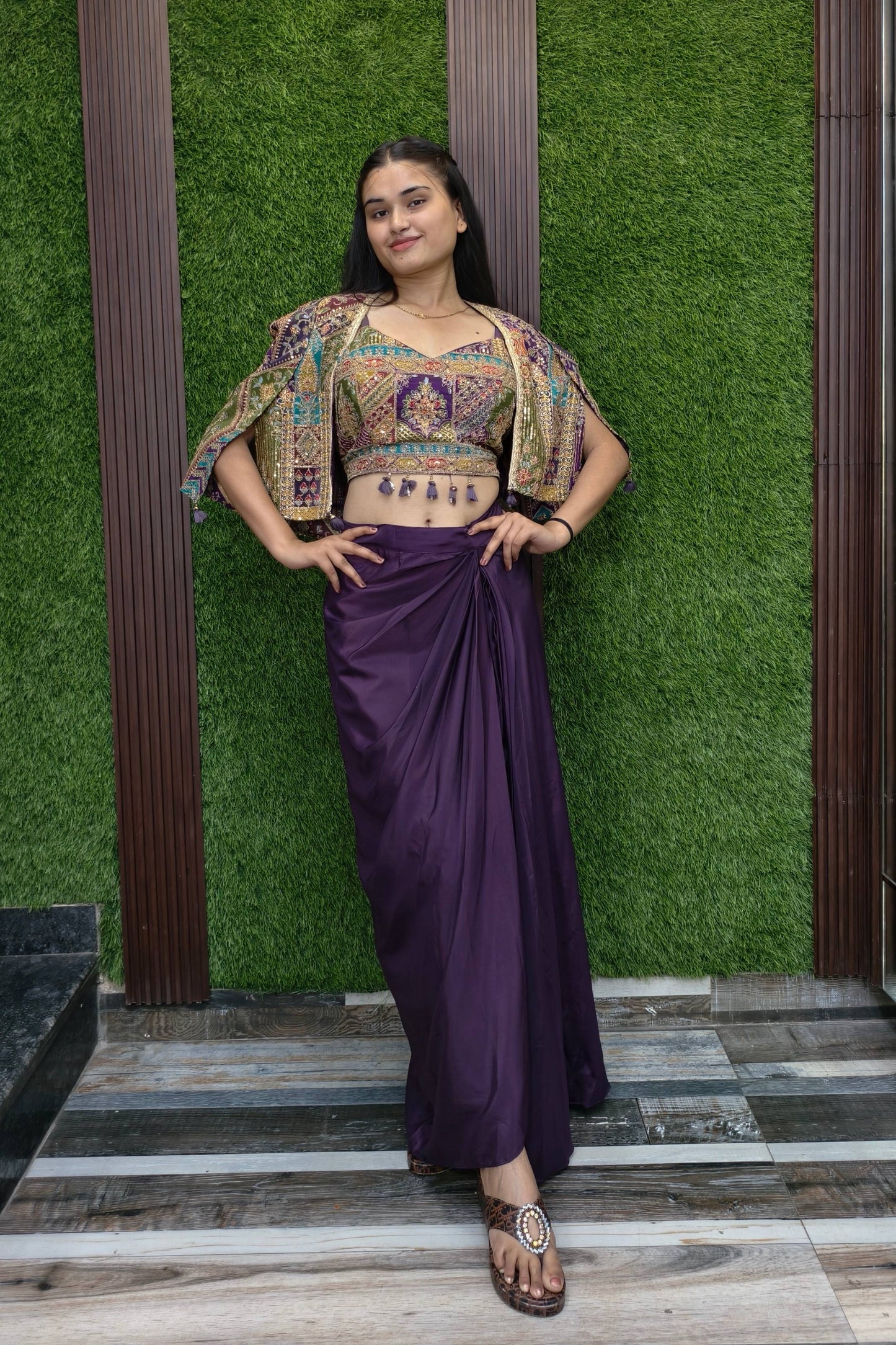 Beautiful Indo Western Dress With Embroidered Cape In Wine