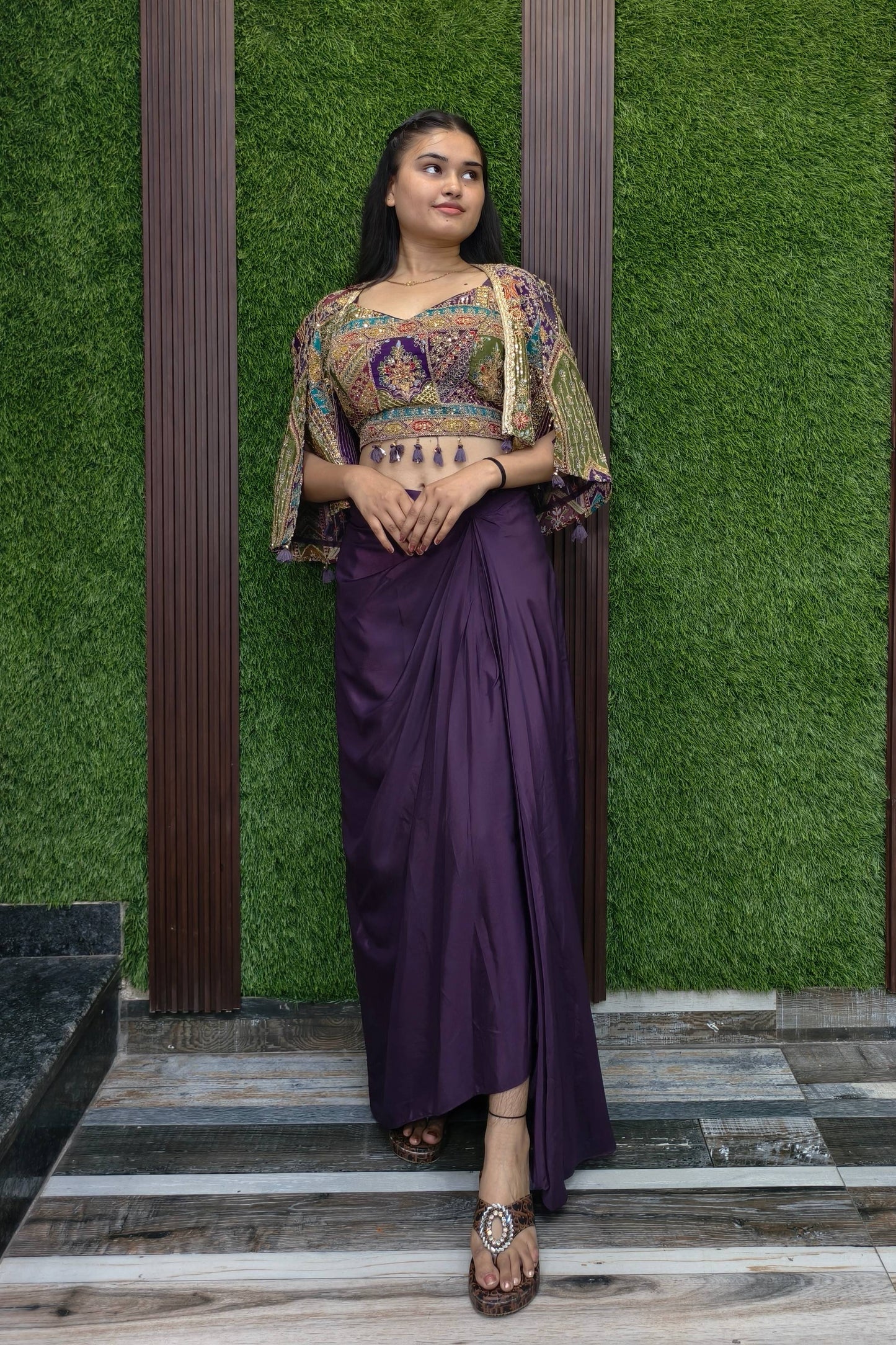 Beautiful Indo Western Dress With Embroidered Cape In Wine