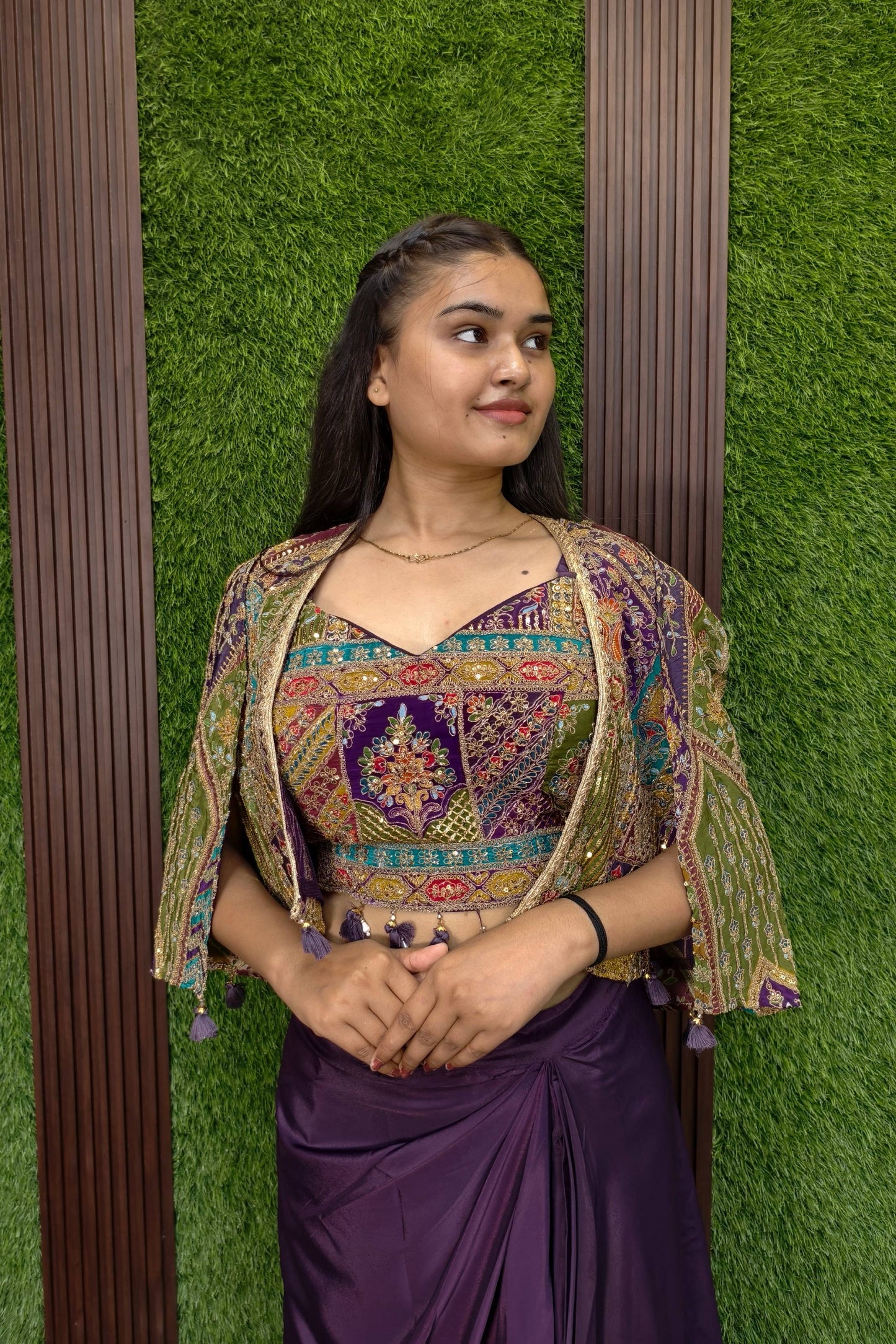 Beautiful Indo Western Dress With Embroidered Cape In Wine