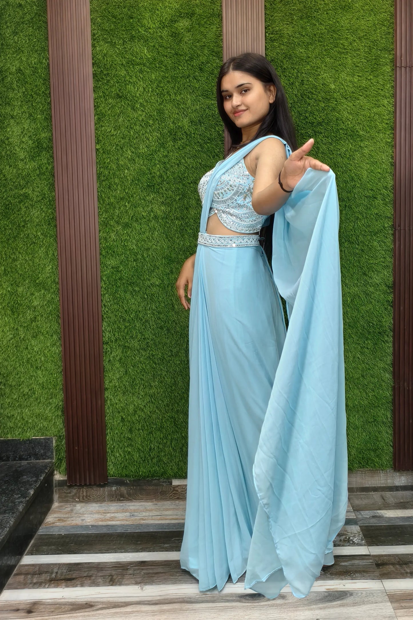 Ready To Wear Drape Dress  With Hand Embellished Blouse
