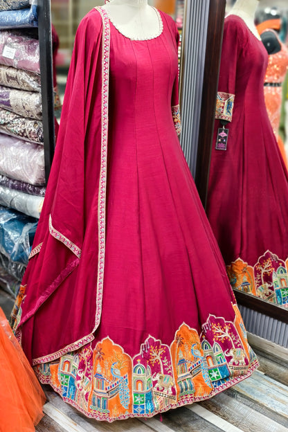 Silk Multi Embroidered Flared Anarkali Gown With Duppatta