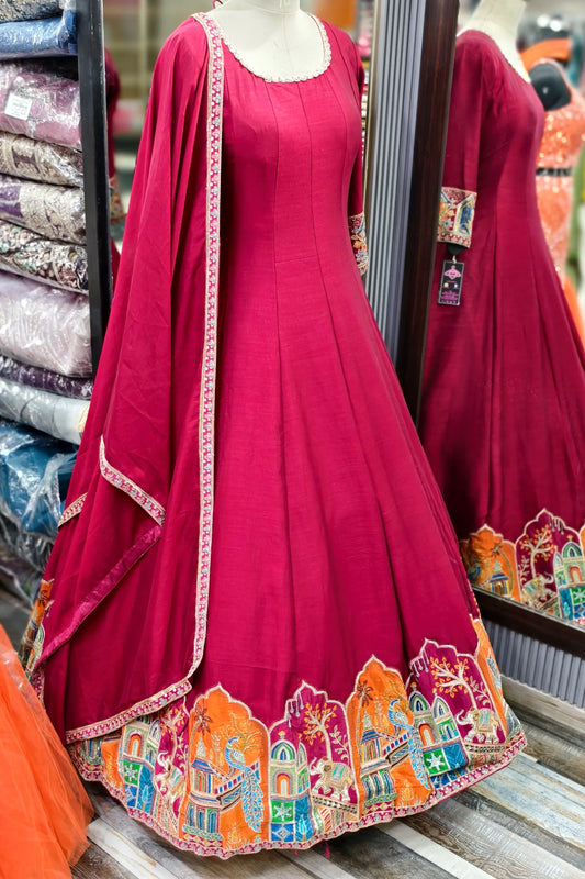 Silk Multi Embroidered Flared Anarkali Gown With Duppatta