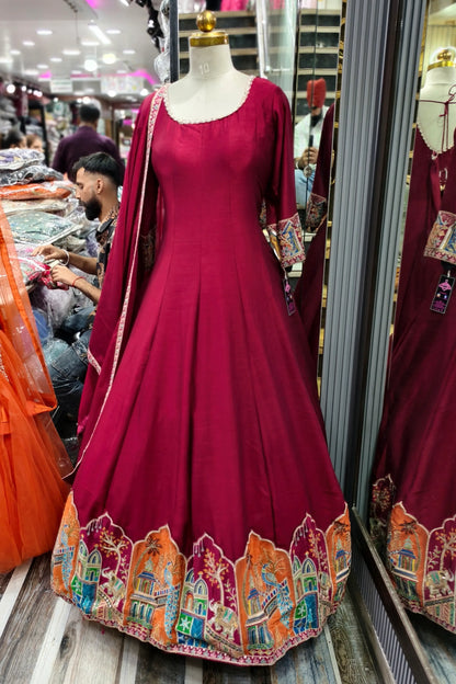 Silk Multi Embroidered Flared Anarkali Gown With Duppatta