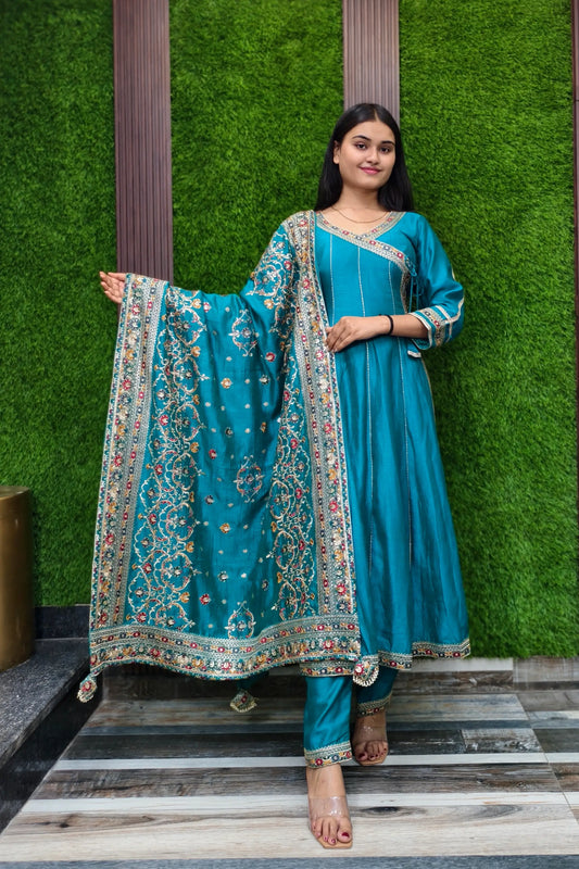 Beautiful Multi Embroidered Angrakha Style Anarkali Kurta Set With Duppatta