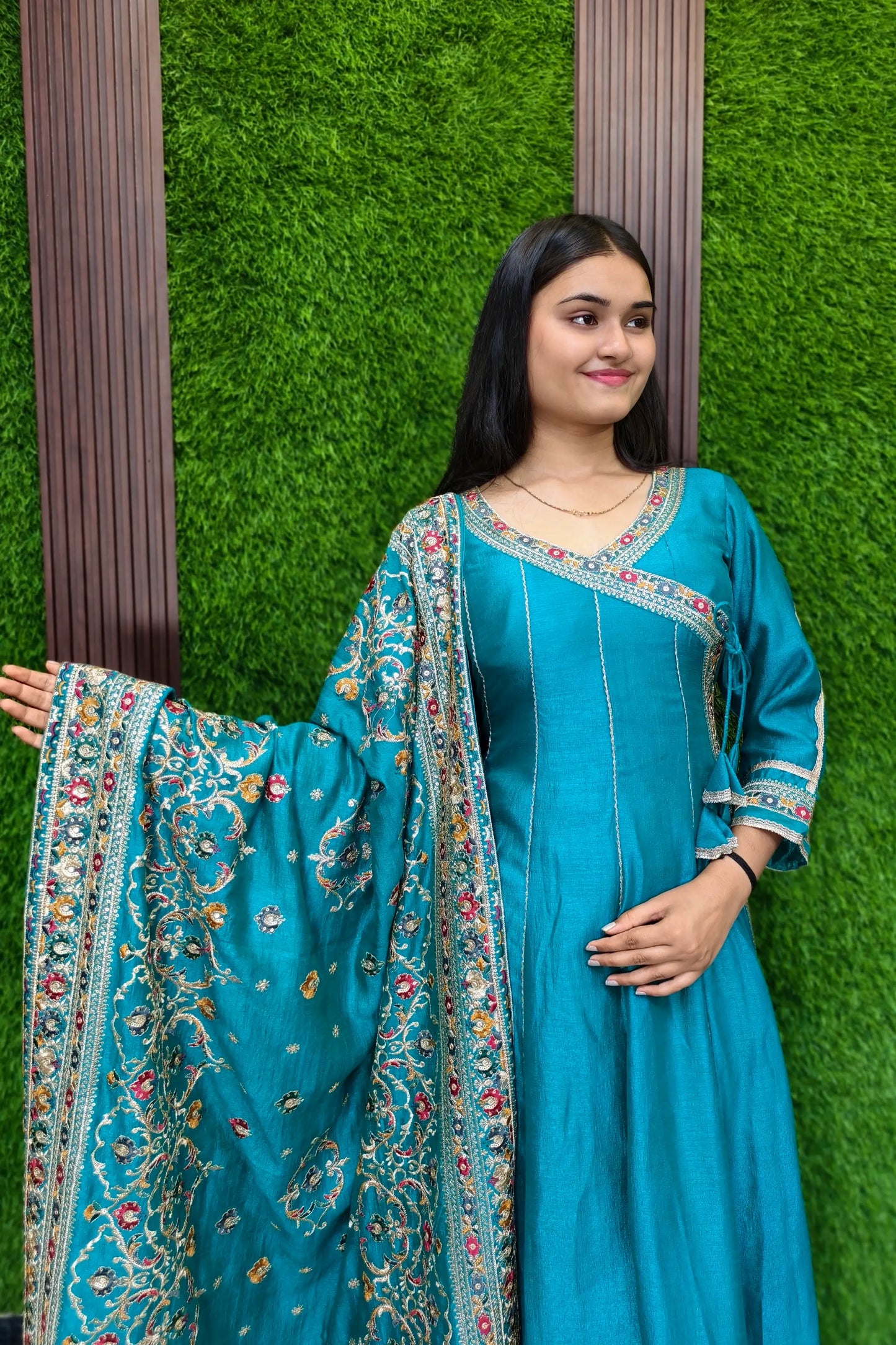 Beautiful Multi Embroidered Angrakha Style Anarkali Kurta Set With Duppatta