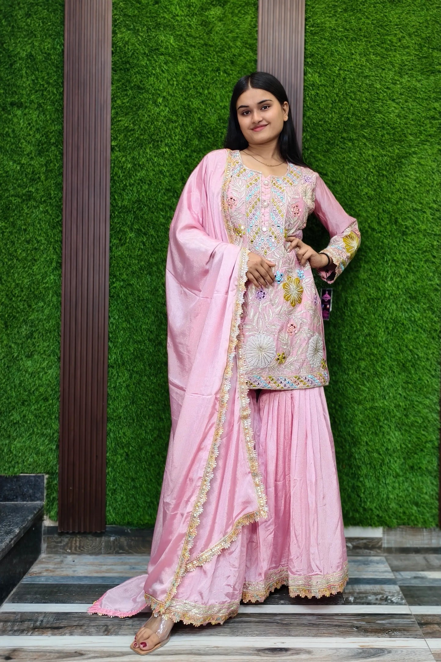 Gotta And Mirror Work Embroidered Sharara Suit In Chinnon