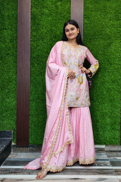 Gotta And Mirror Work Embroidered Sharara Suit In Chinnon