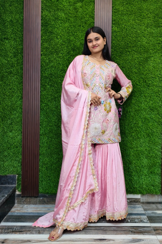 Gotta And Mirror Work Embroidered Sharara Suit In Chinnon