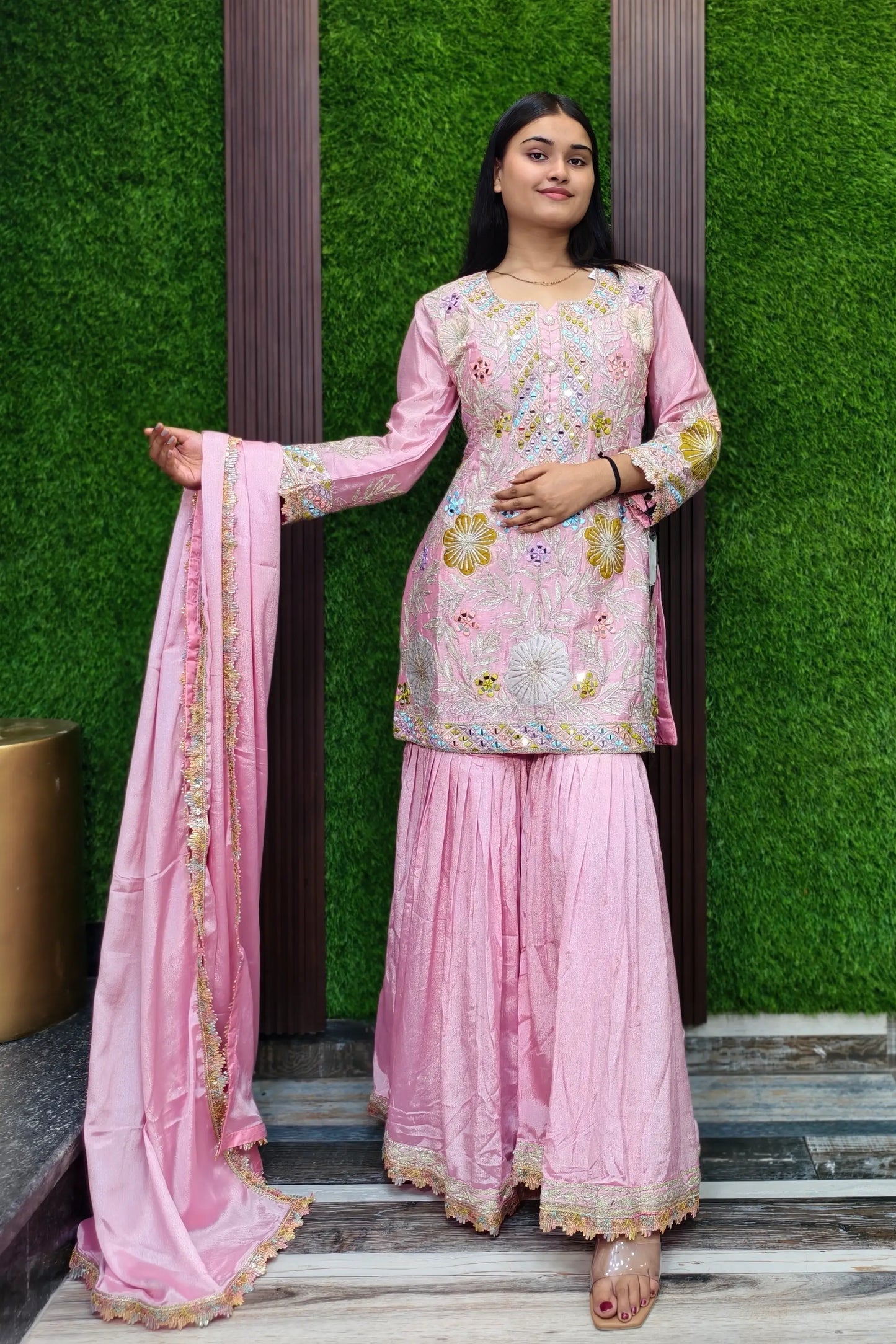 Gotta And Mirror Work Embroidered Sharara Suit In Chinnon