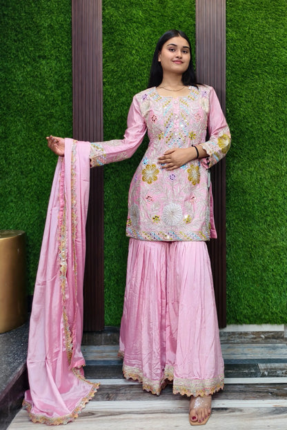 Gotta And Mirror Work Embroidered Sharara Suit In Chinnon