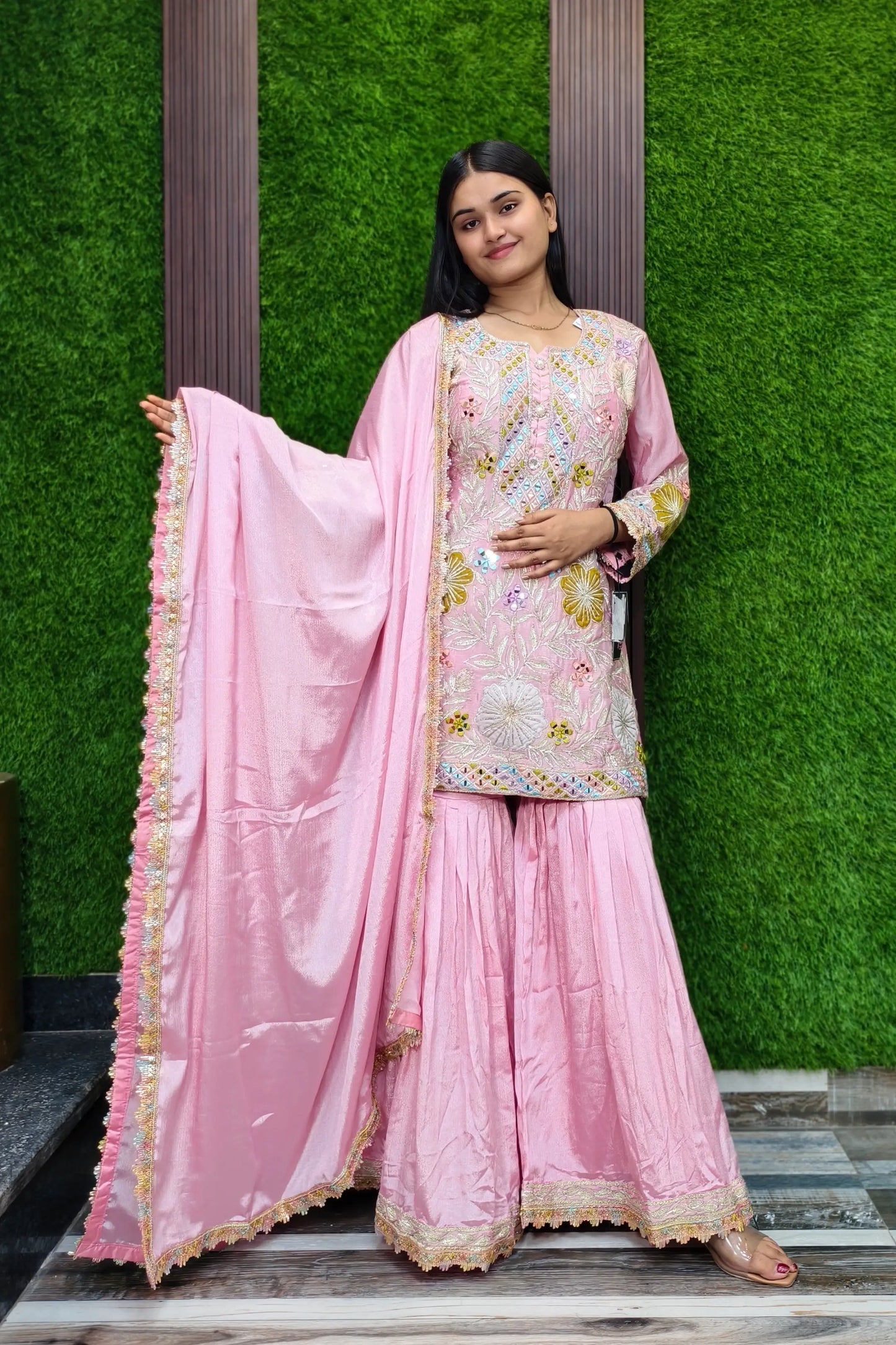 Gotta And Mirror Work Embroidered Sharara Suit In Chinnon
