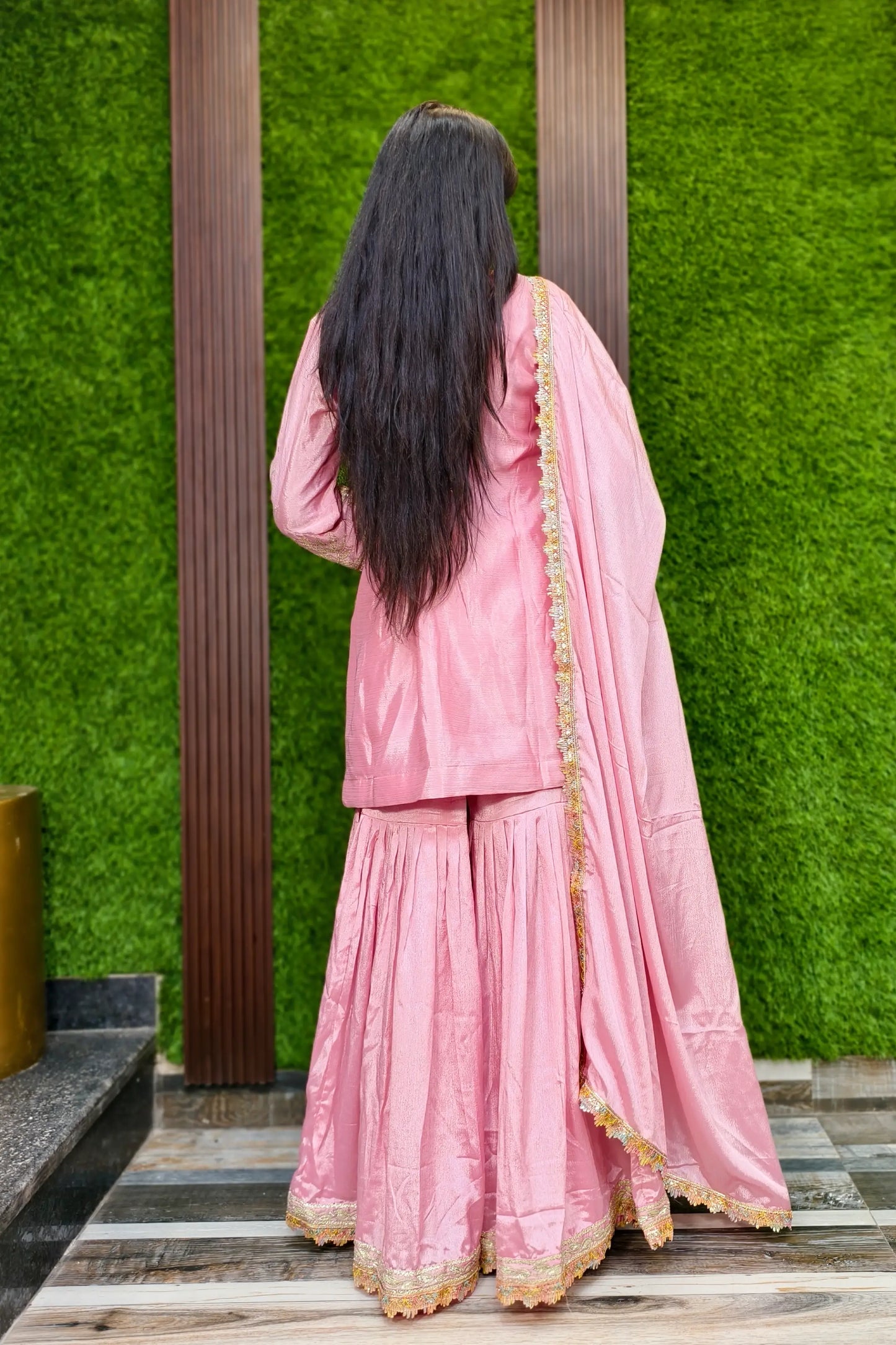 Gotta And Mirror Work Embroidered Sharara Suit In Chinnon