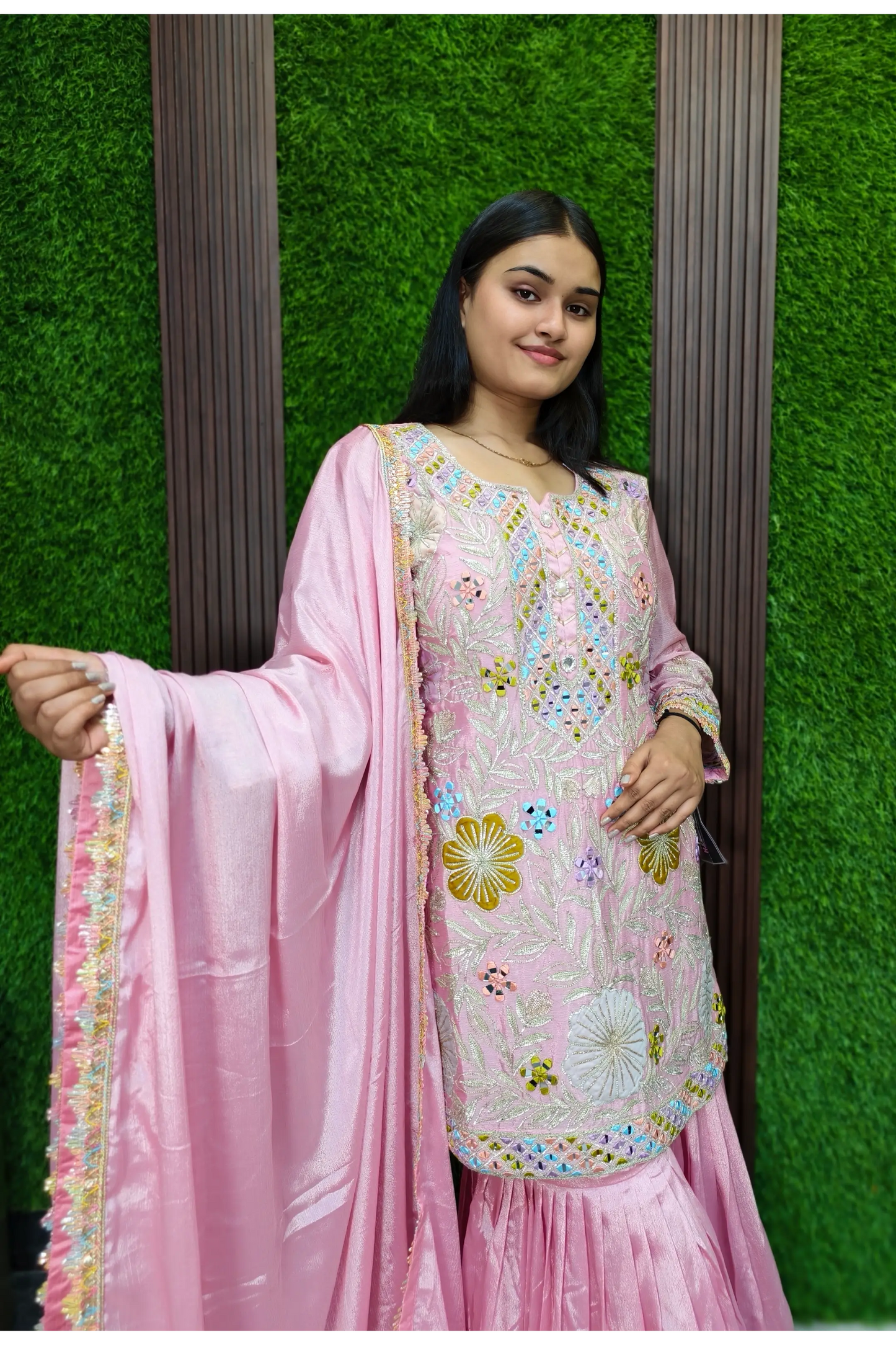 Gotta And Mirror Work Embroidered Sharara Suit In Chinnon