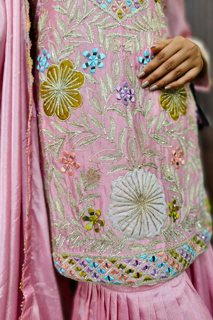 Gotta And Mirror Work Embroidered Sharara Suit In Chinnon