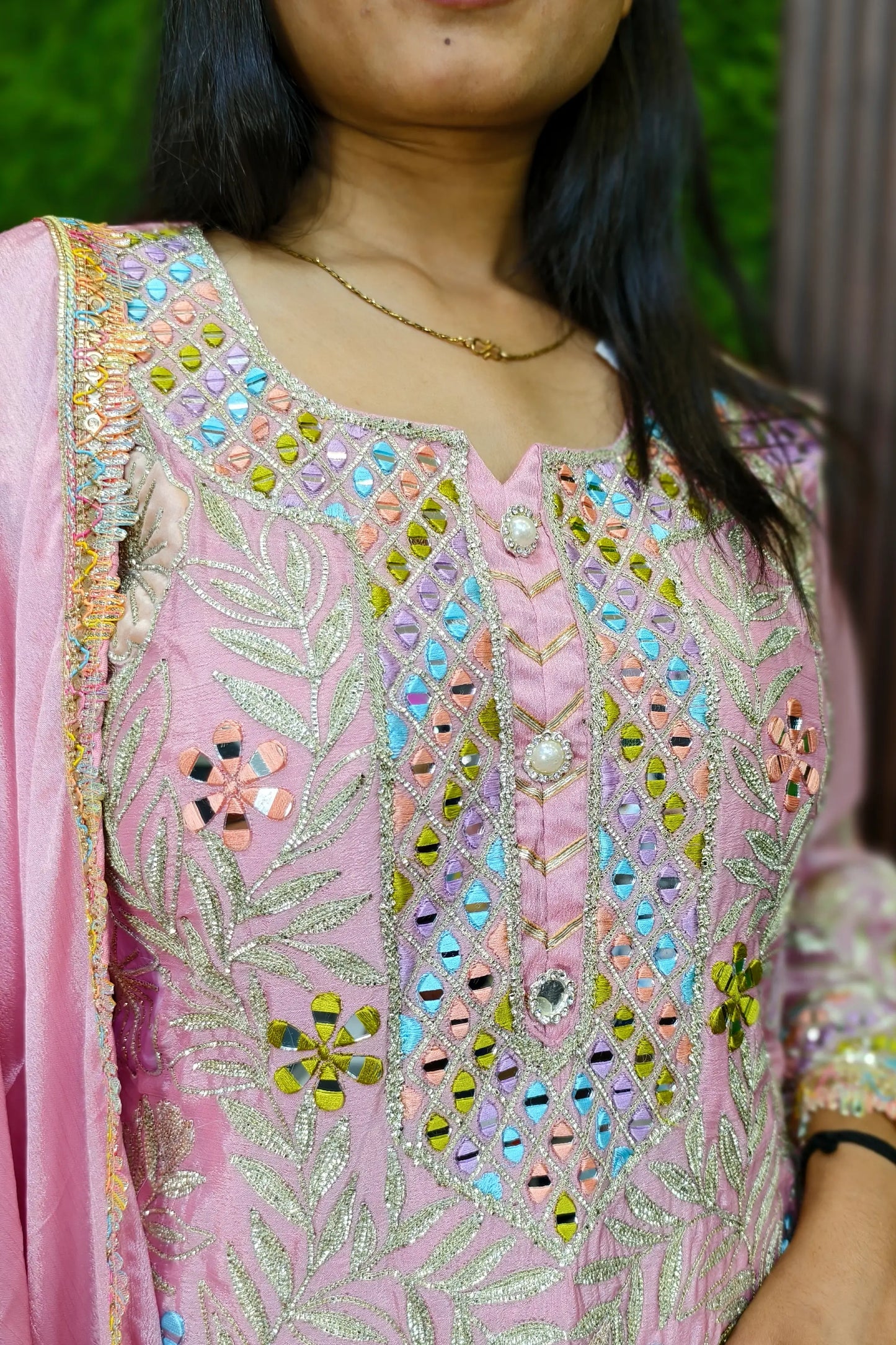 Gotta And Mirror Work Embroidered Sharara Suit In Chinnon