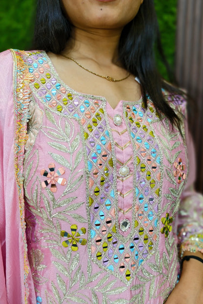 Gotta And Mirror Work Embroidered Sharara Suit In Chinnon