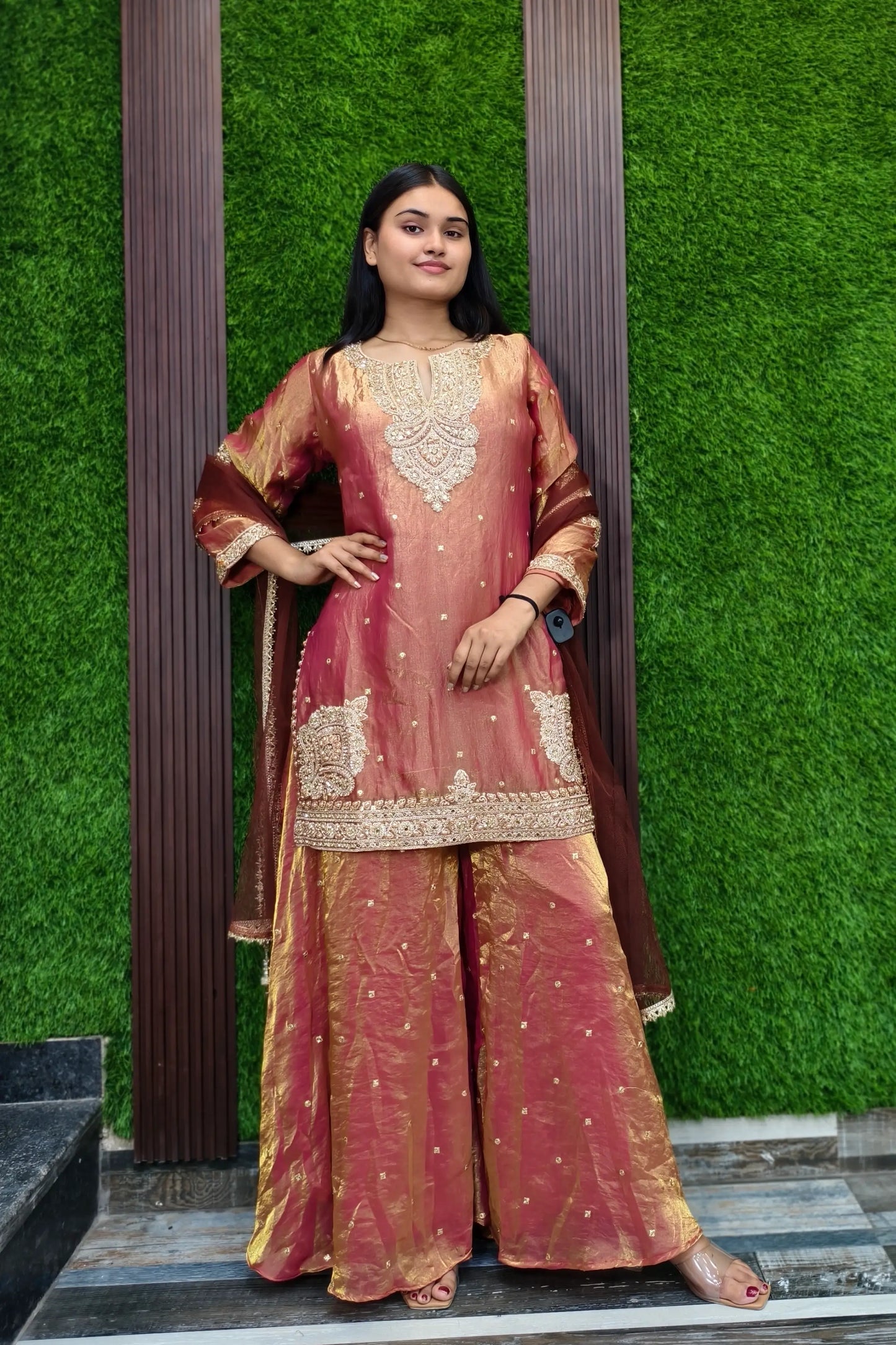 Pearl Beaded Embroidered Sharara Suit In Organza with Duppatta
