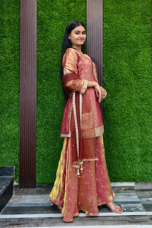 Pearl Beaded Embroidered Sharara Suit In Organza with Duppatta