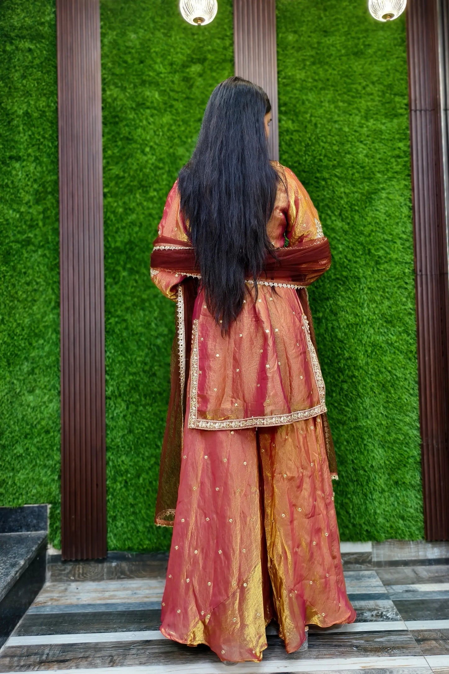 Pearl Beaded Embroidered Sharara Suit In Organza with Duppatta