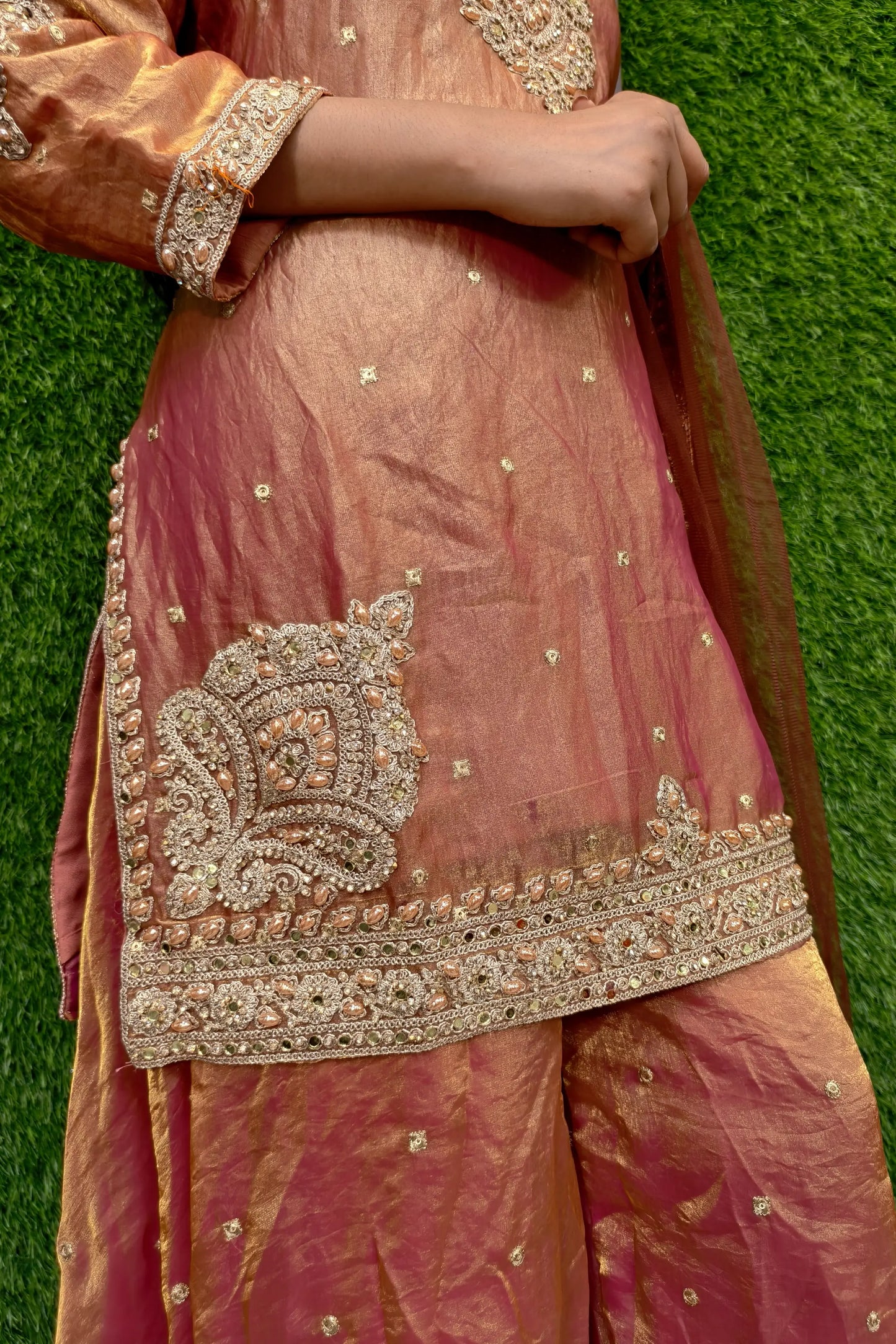 Pearl Beaded Embroidered Sharara Suit In Organza with Duppatta