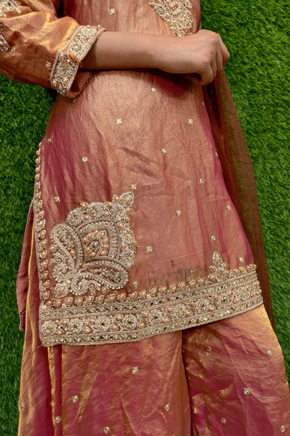 Pearl Beaded Embroidered Sharara Suit In Organza with Duppatta