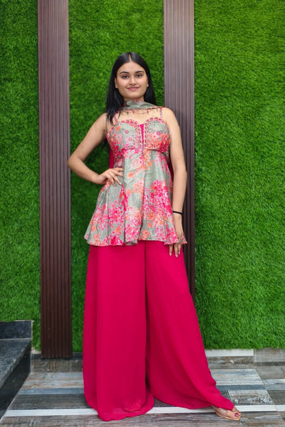 Spaghetti Styled Printed Girlish Sharara Suit In Contrast