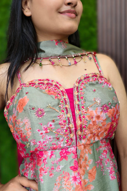 Spaghetti Styled Printed Girlish Sharara Suit In Contrast