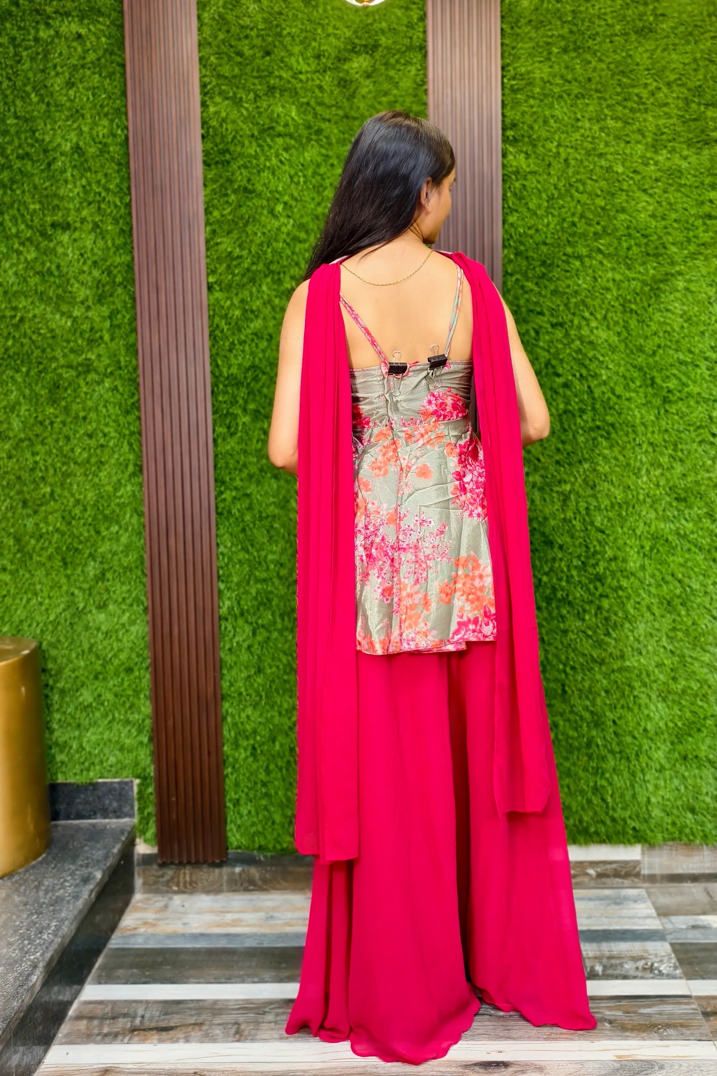 Spaghetti Styled Printed Girlish Sharara Suit In Contrast