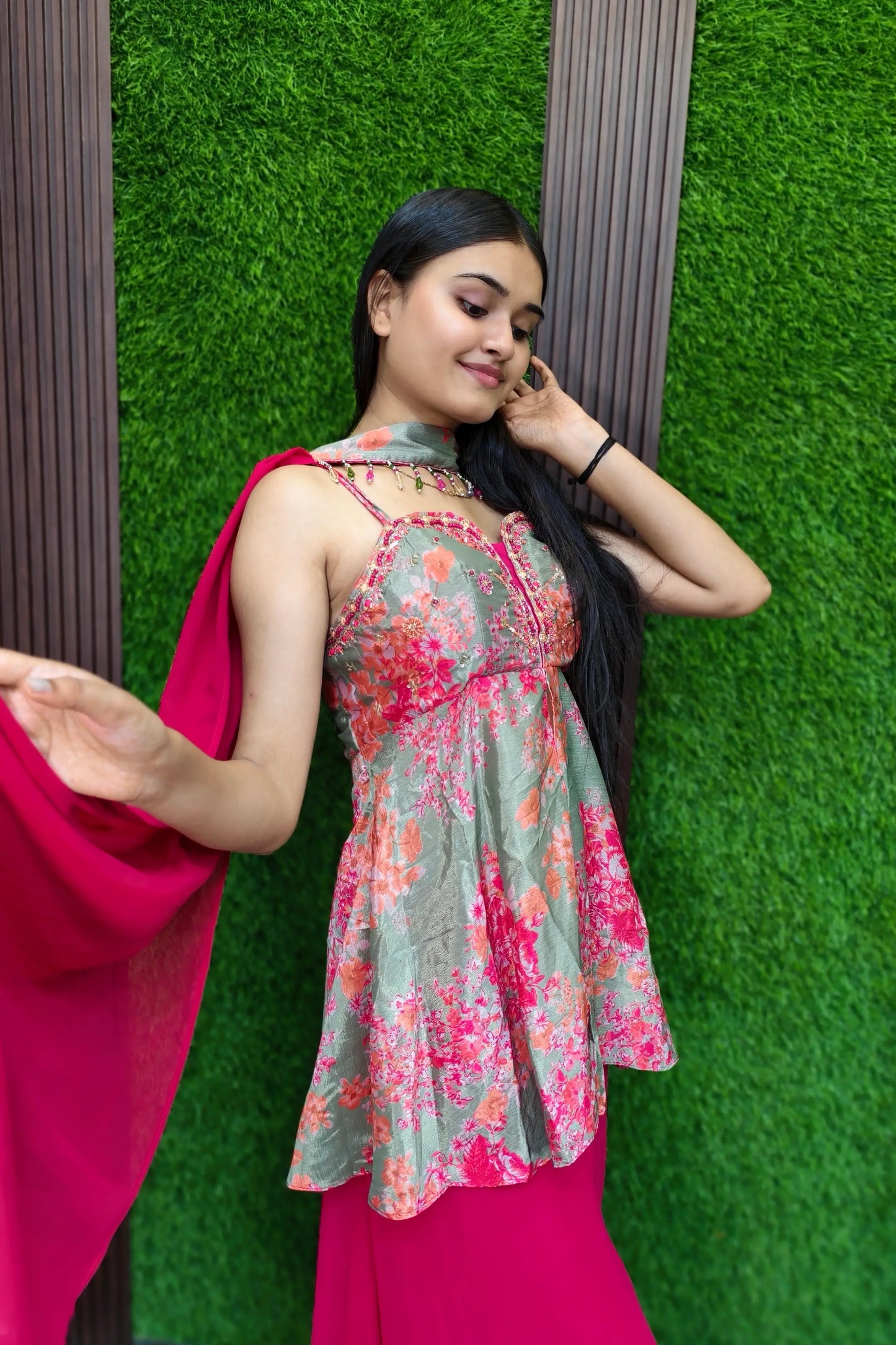 Spaghetti Styled Printed Girlish Sharara Suit In Contrast