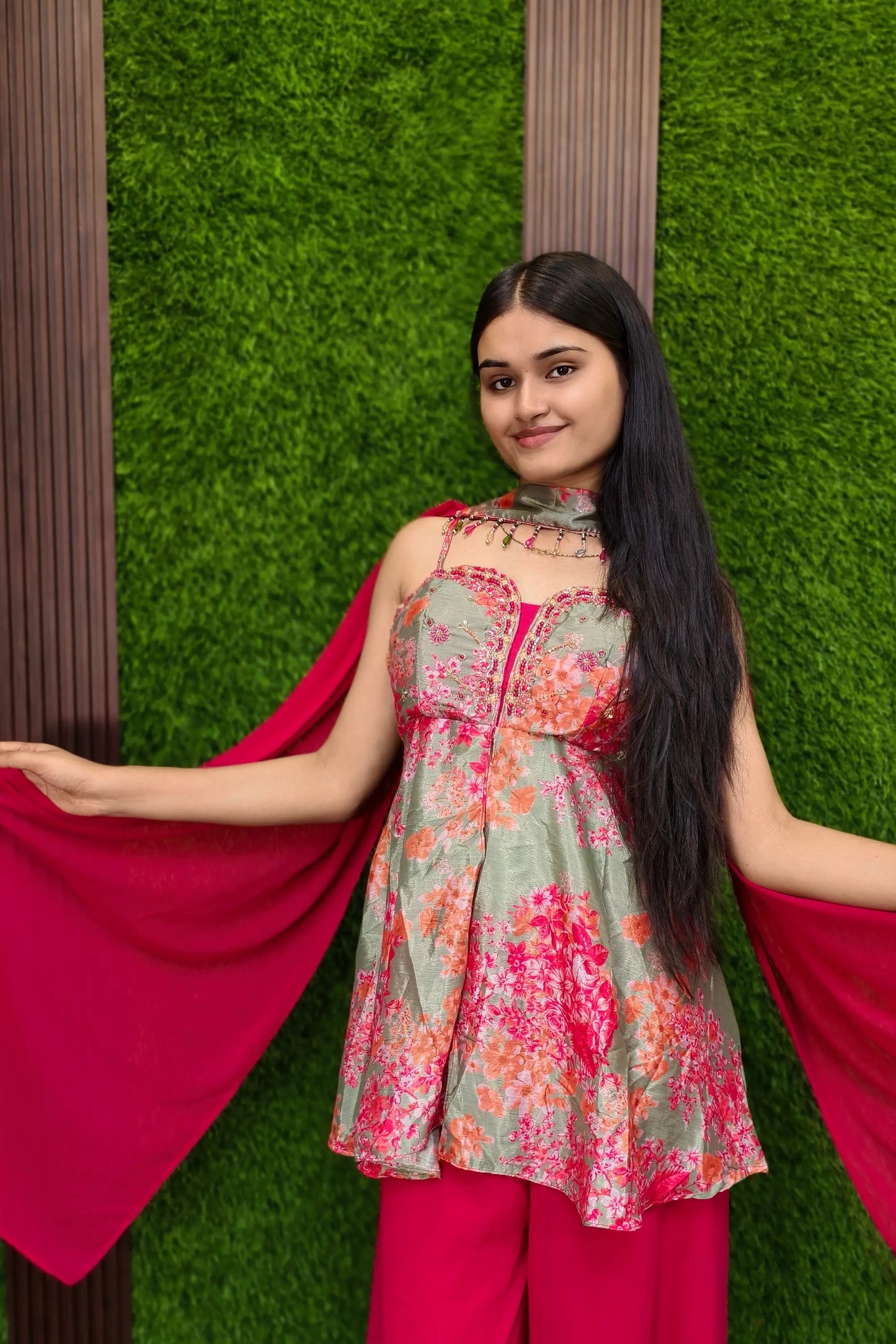 Spaghetti Styled Printed Girlish Sharara Suit In Contrast