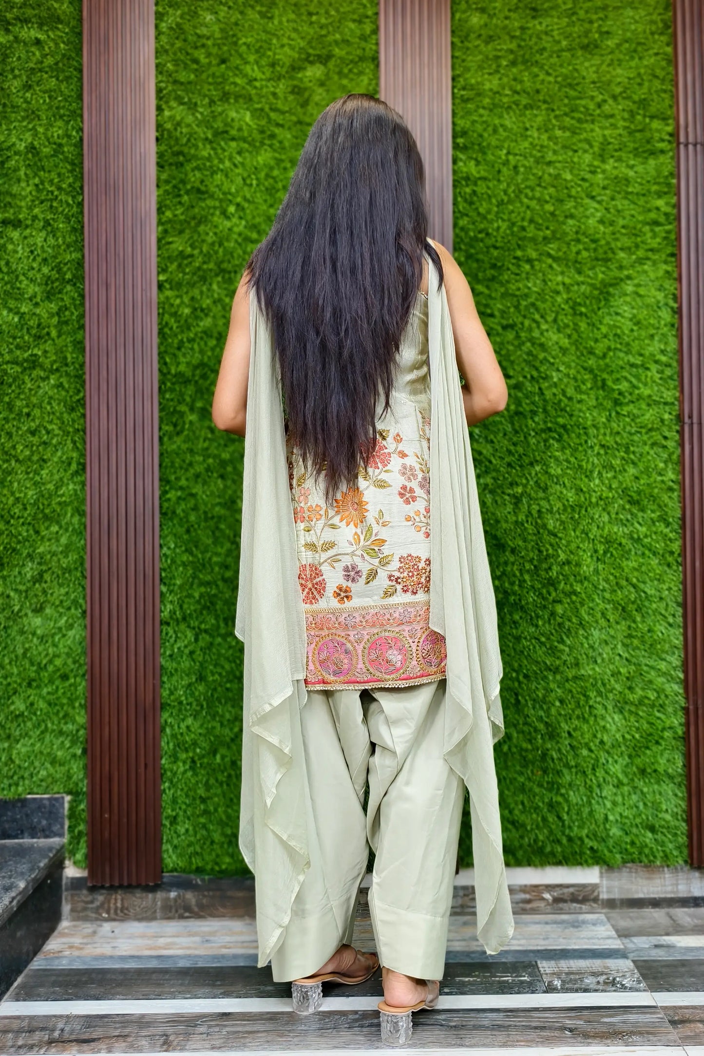 Spaghetti Styled Embroidered Farshi Salwar Suit With Duppatta