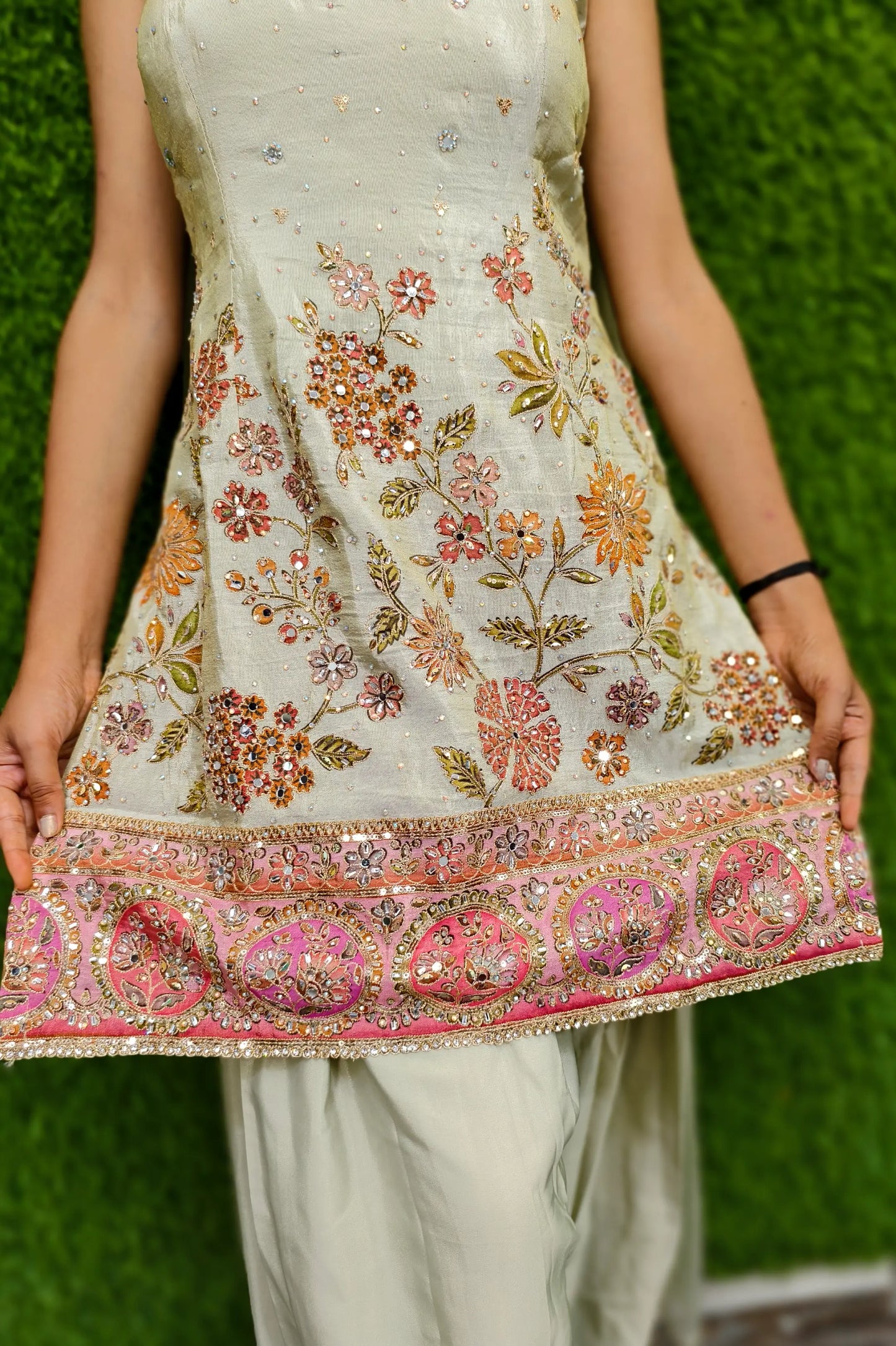 Spaghetti Styled Embroidered Farshi Salwar Suit With Duppatta