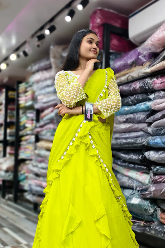 Neon Yellow Designer Drape Dress With Hand Work Blouse In Georgette