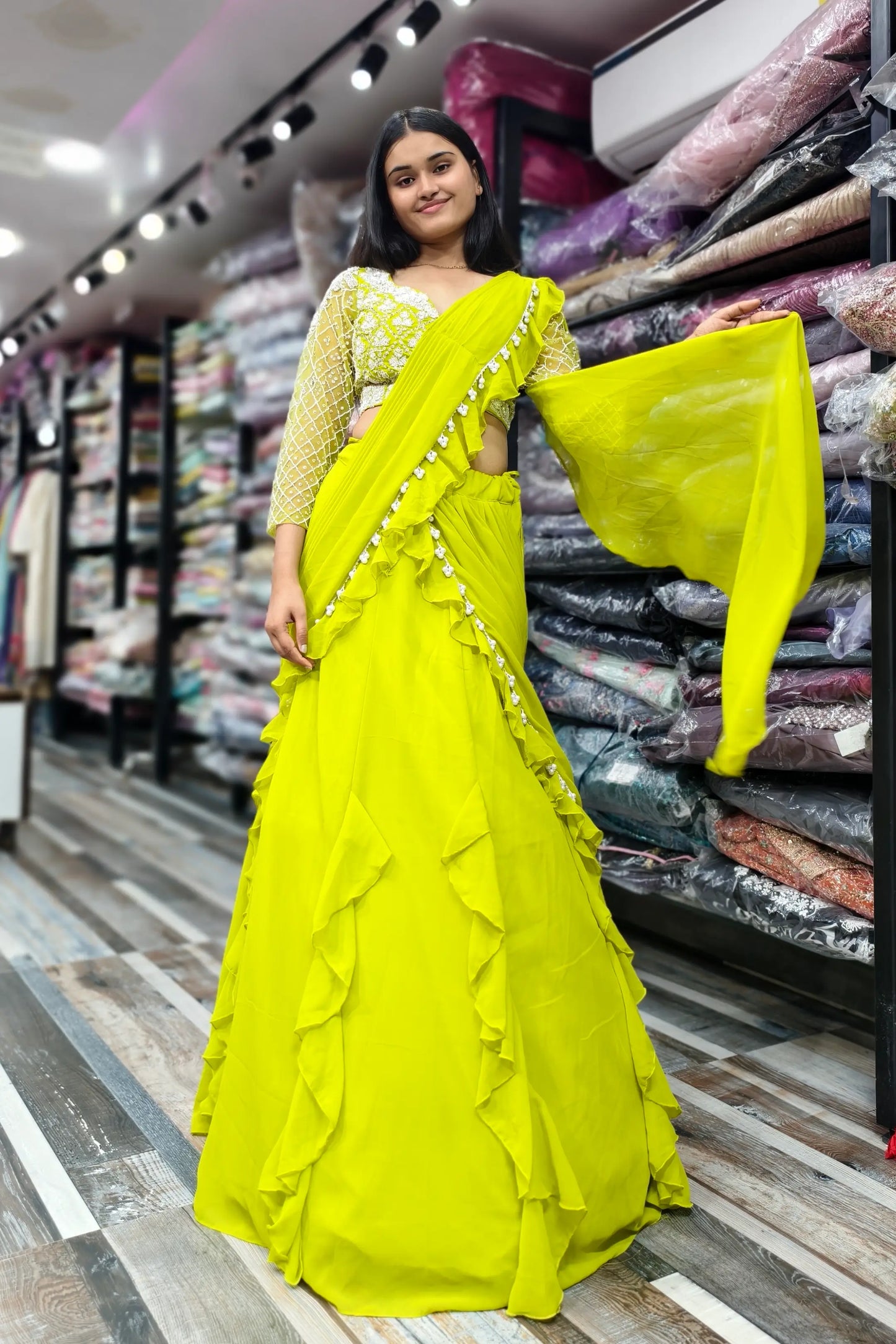 Neon Yellow Designer Drape Dress With Hand Work Blouse In Georgette