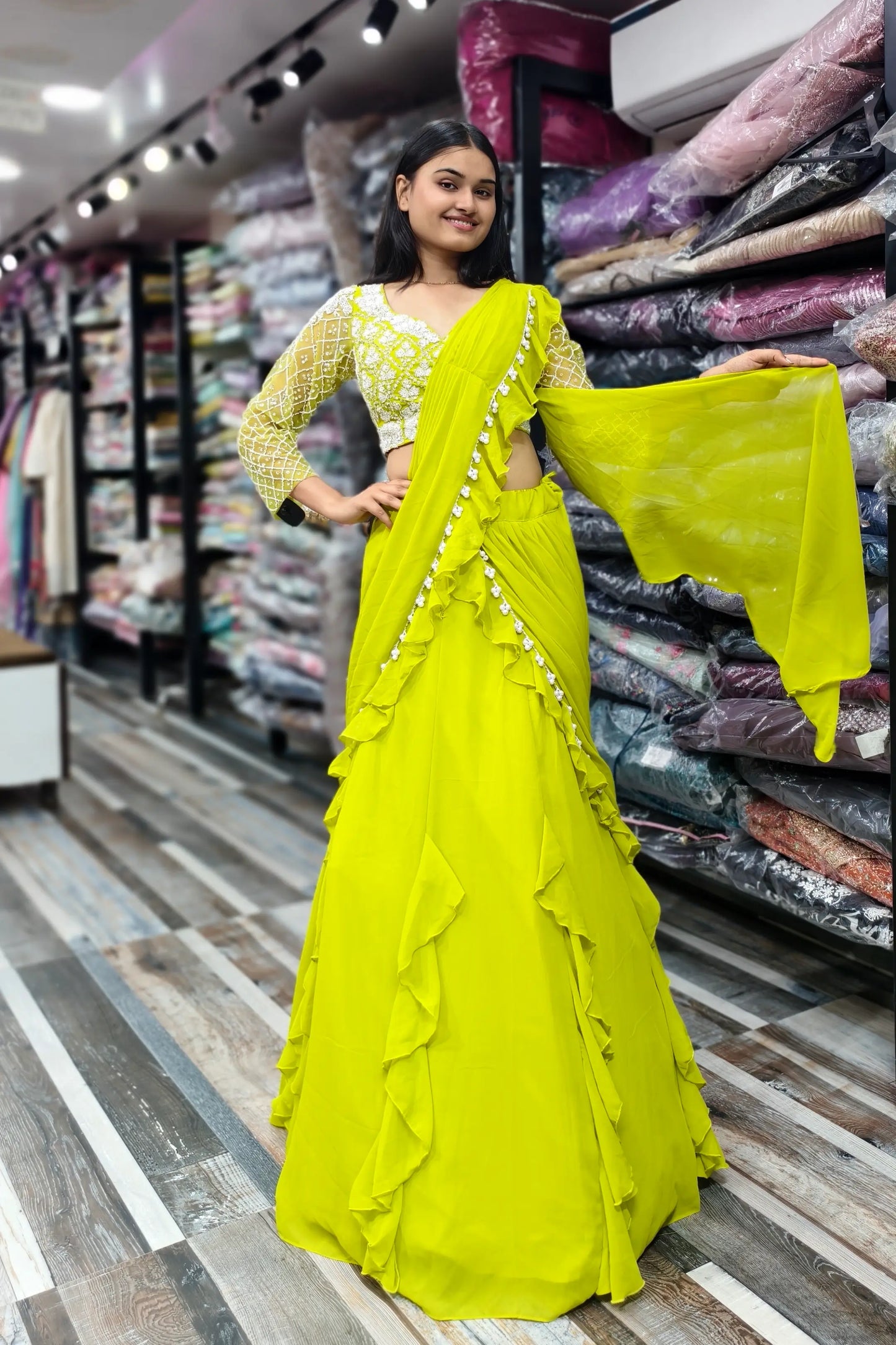 Neon Yellow Designer Drape Dress With Hand Work Blouse In Georgette