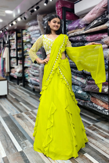 Neon Yellow Designer Drape Dress With Hand Work Blouse In Georgette