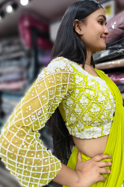 Neon Yellow Designer Drape Dress With Hand Work Blouse In Georgette