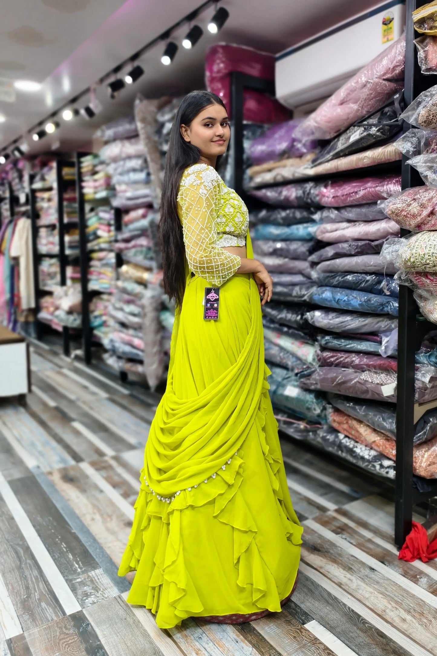 Neon Yellow Designer Drape Dress With Hand Work Blouse In Georgette