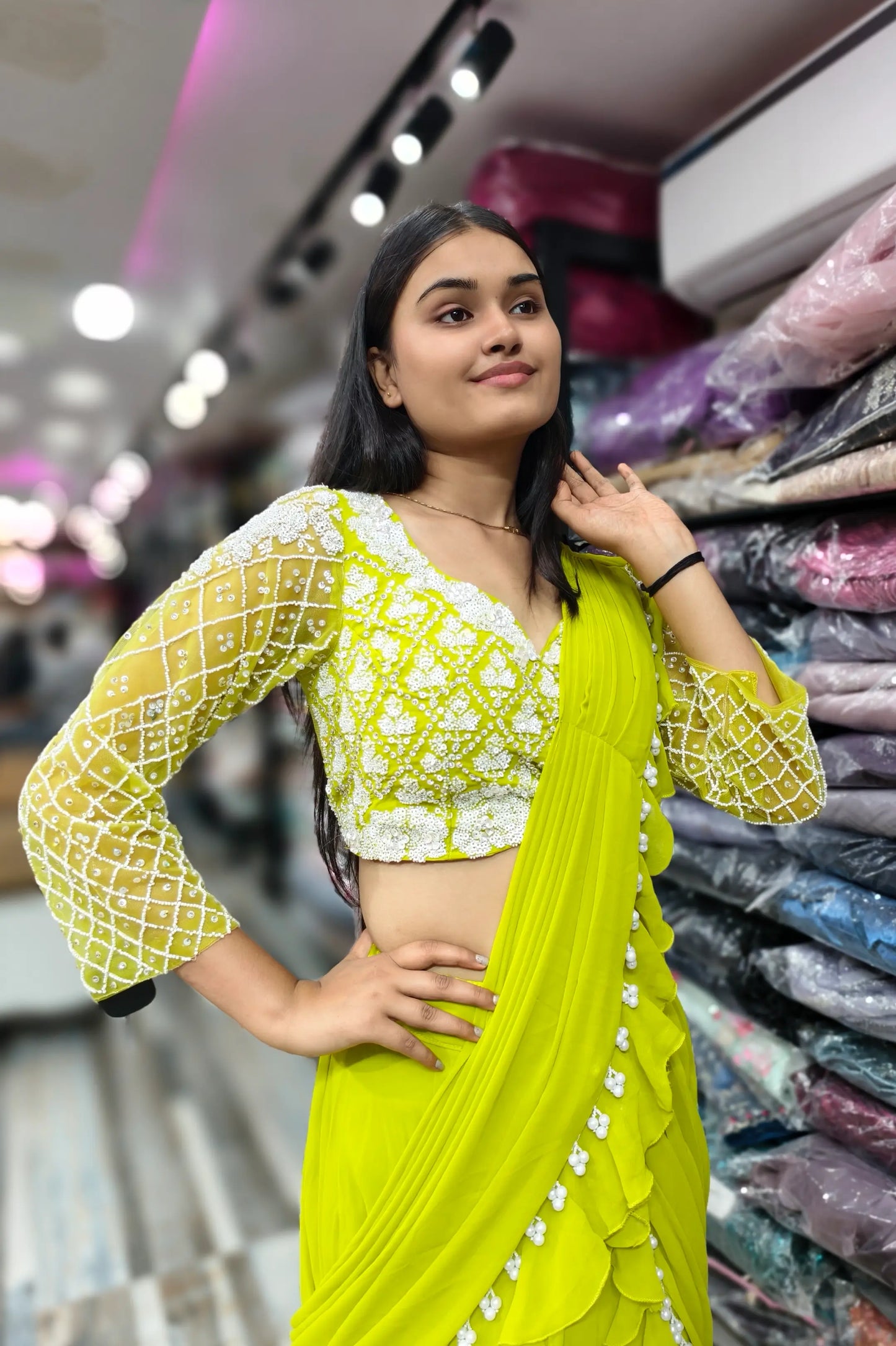 Neon Yellow Designer Drape Dress With Hand Work Blouse In Georgette