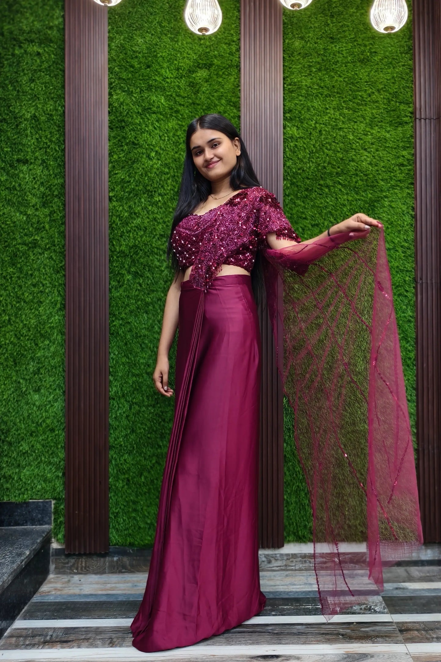 Designer Drape Dress With Hand Embellished Blouse