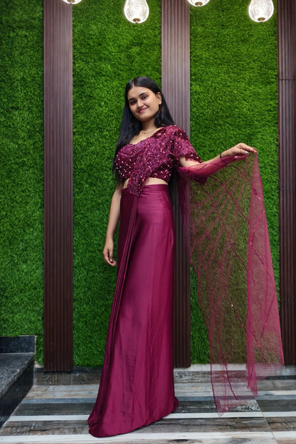 Designer Drape Dress With Hand Embellished Blouse