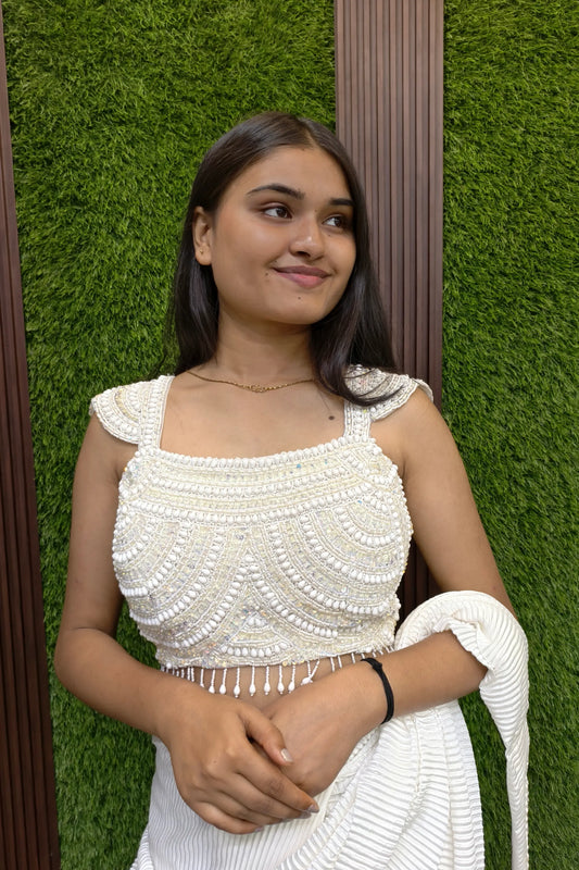 Designer Pearl Beaded Blouse Readymade Drape Saree In Off White