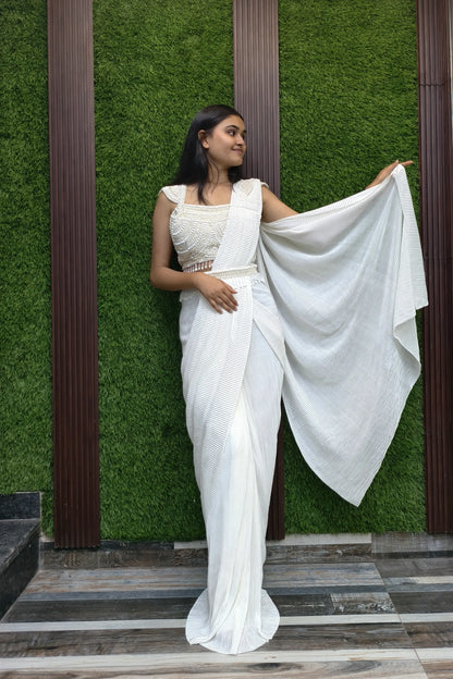 Designer Pearl Beaded Blouse Readymade Drape Saree In Off White