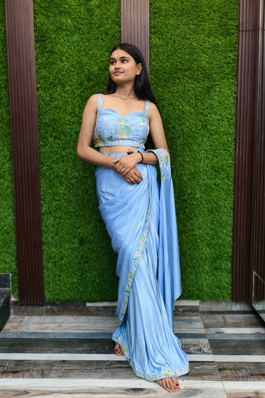 Girlish Hand Work Blouse Ready To Wear Drape Saree with Belt