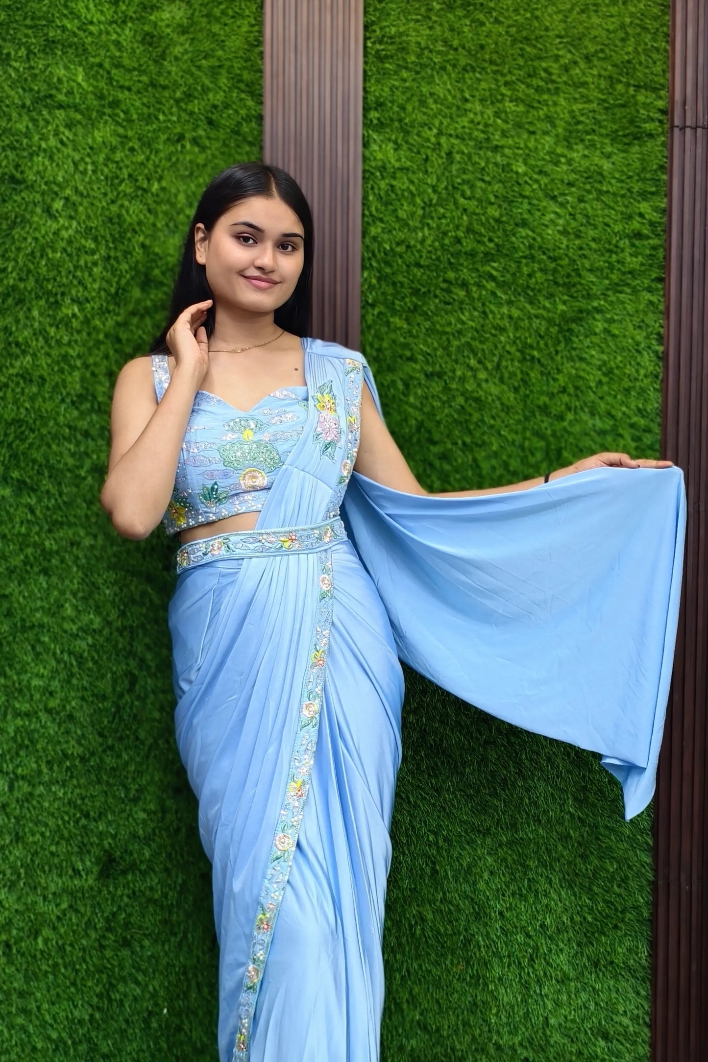 Girlish Hand Work Blouse Ready To Wear Drape Saree with Belt